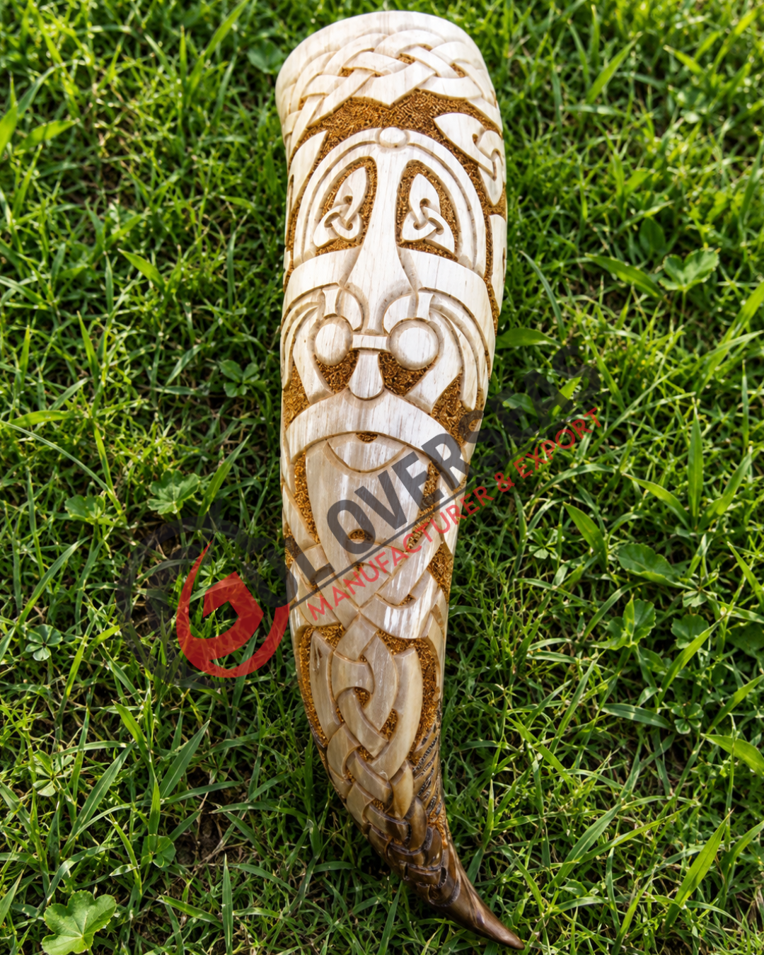 Viking Drinking Horn with Intricate Norse Carving